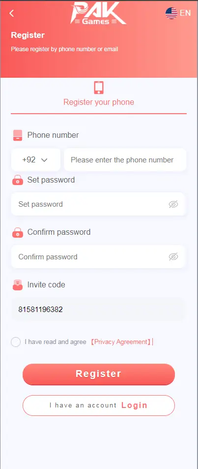 How to register in Pak Games